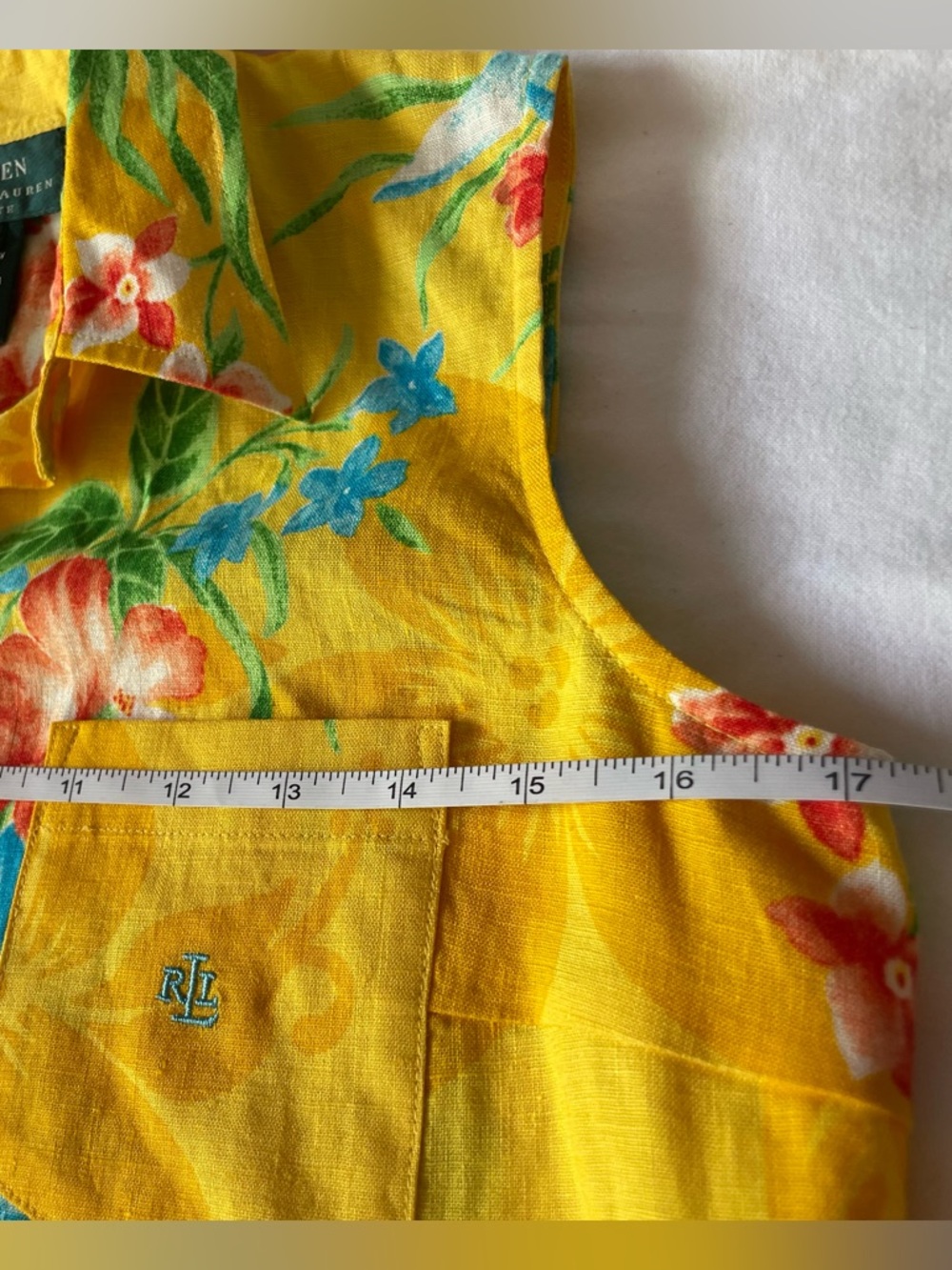Y2K Lauren Ralph Lauren Linen Yellow Floral Tie-Front Sleeveless Button-Up Top - Picture 7 of 9